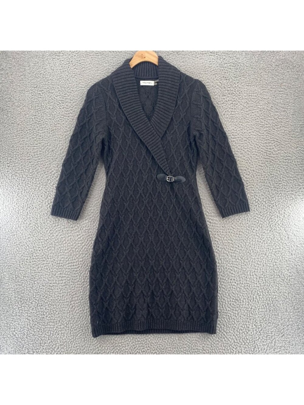 Calvin Klein Dress Womens Small Gray Mini Cable Knit Sweater Shawl V Neck Buckle